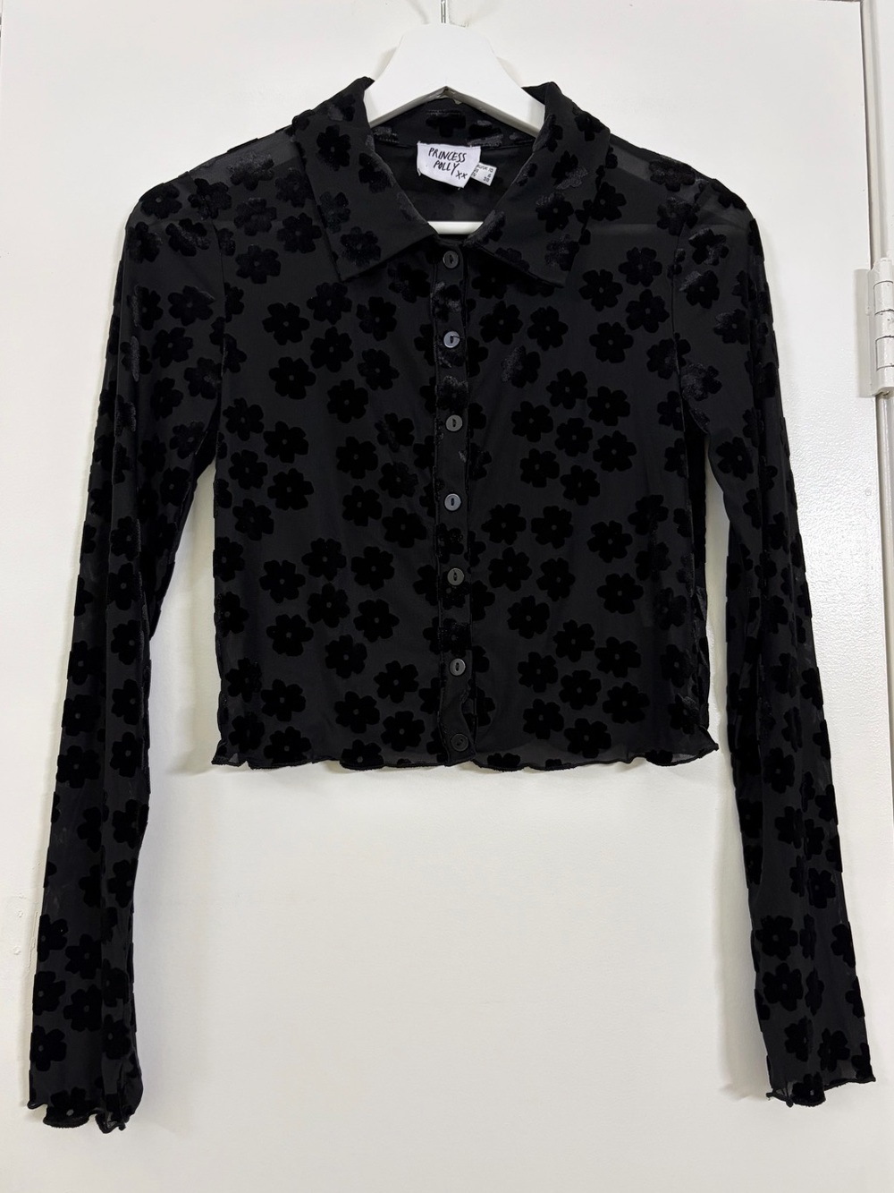 Princess Polly Black Velvet Floral Flocked Mesh Button Up Top Y2K Coquette US 6